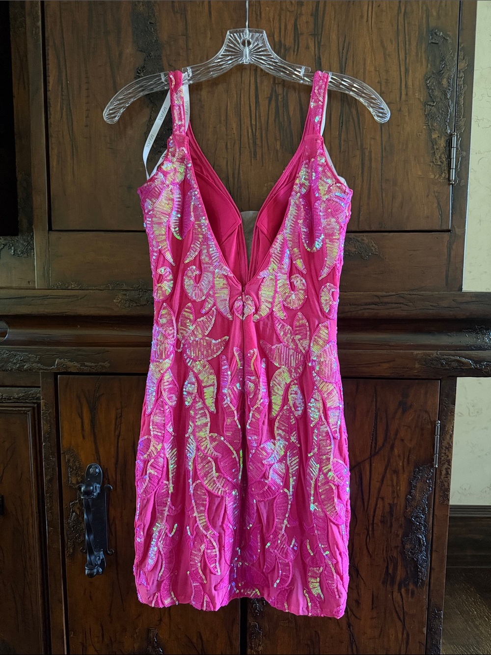 Jovani style 3263 custom Hot Pink Iridescent Sequin dress cut to a mini - Picture 5 of 8